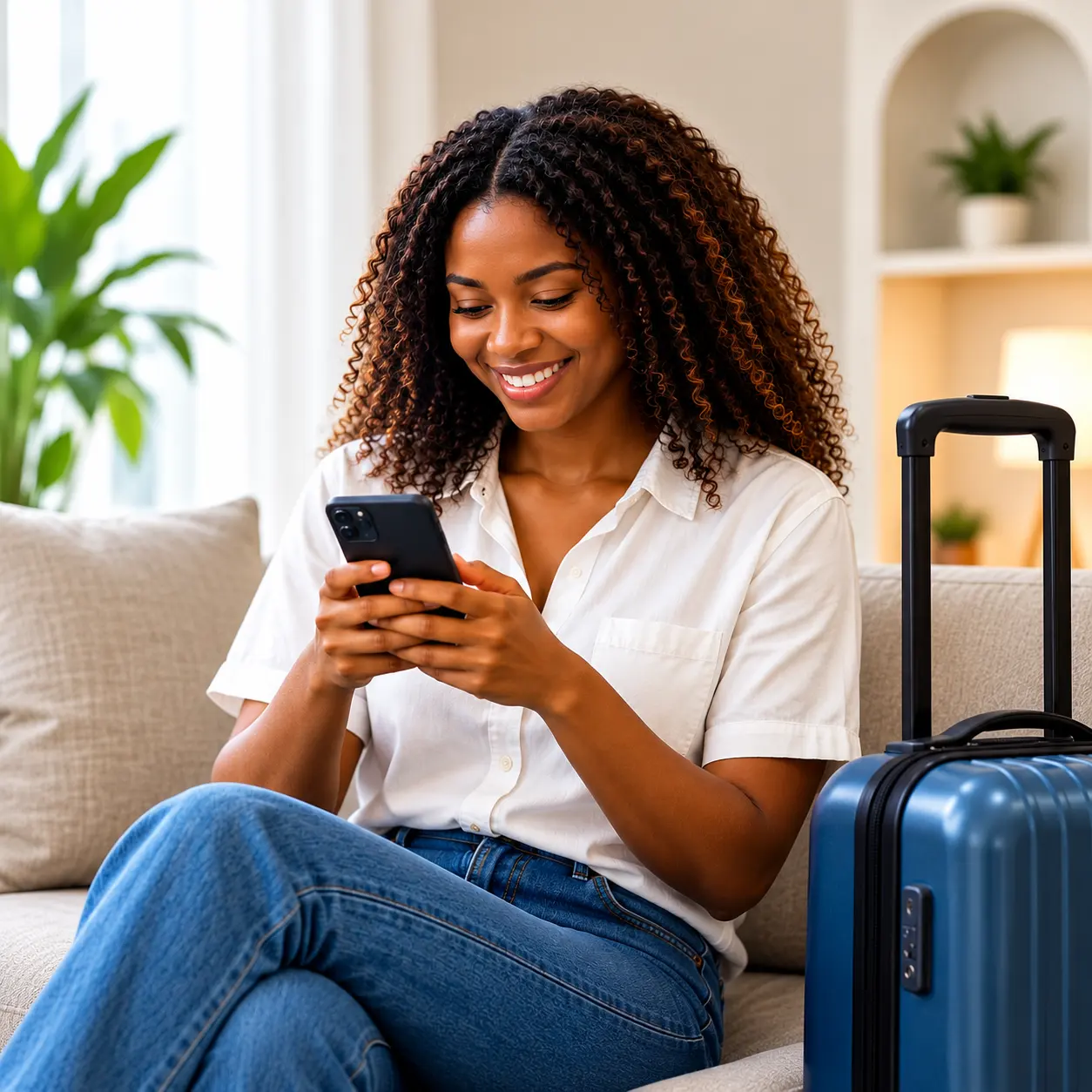 Woman with a suitcase arranging a trip on her phone