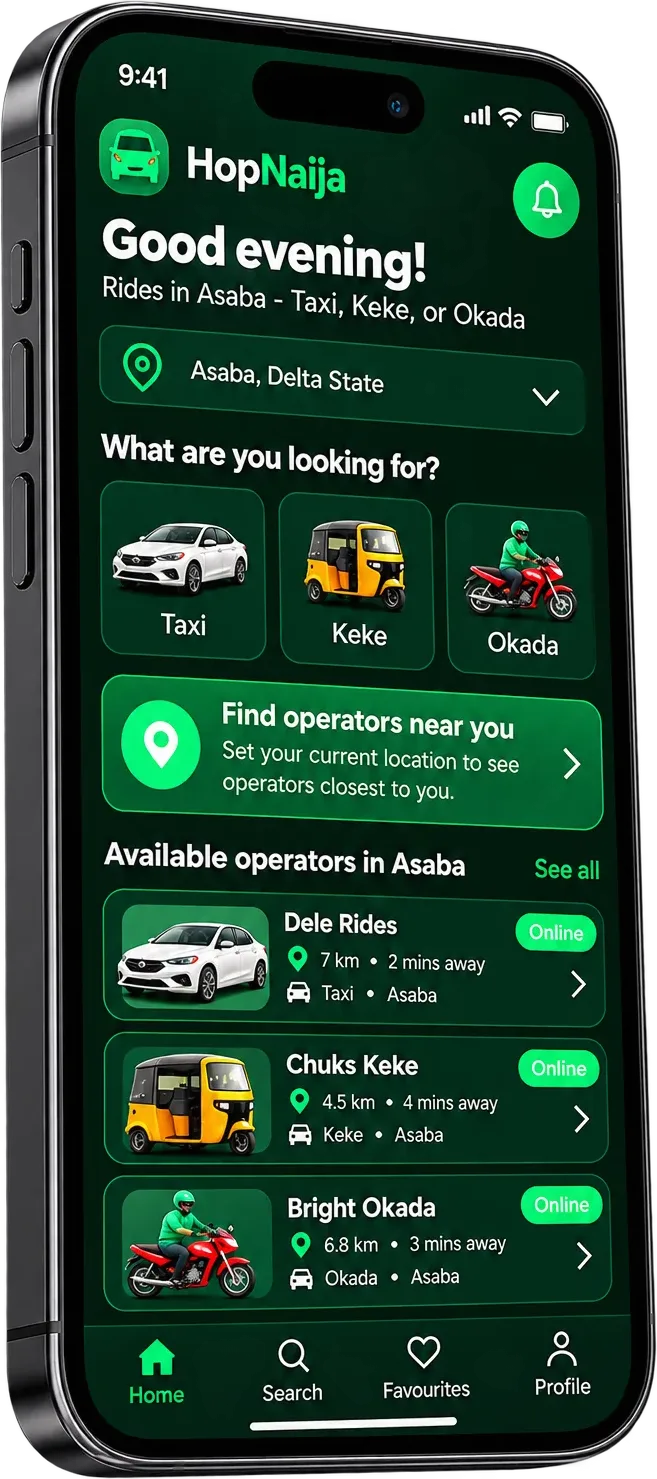 HopNaija app on a phone, showing taxi, keke, and okada operators in Asaba