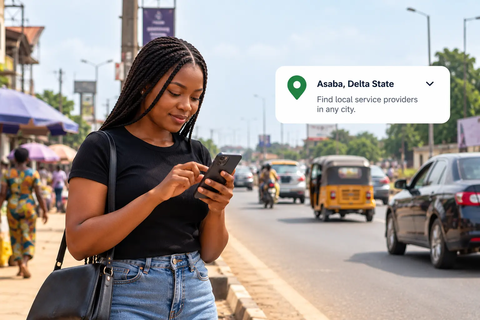 Woman on a Nigerian street finding a ride on her phone, with keke and traffic behind her