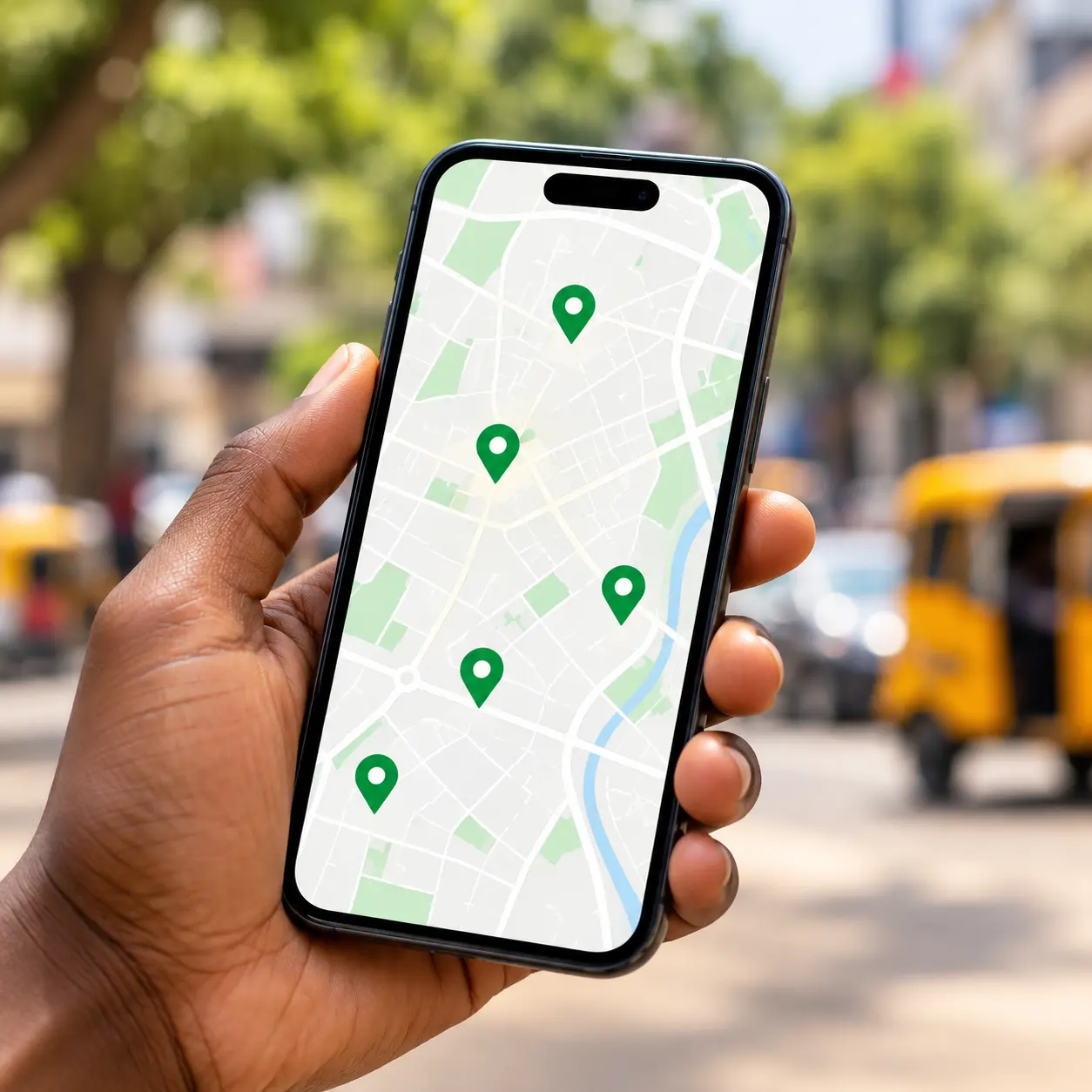 Phone showing a map with nearby operator pins