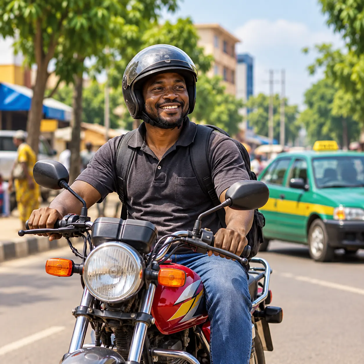 Okada operator in a helmet, smiling on a city street