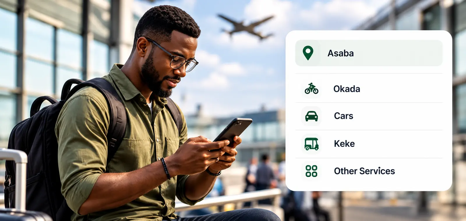 Traveller at the airport choosing a ride in Asaba